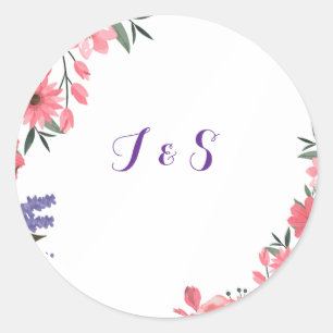Autocollant Initial de Mariage Floral Lavande & Bl