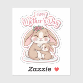 Autocollant Lapin Mère Bébé Rose Couronne Fête des