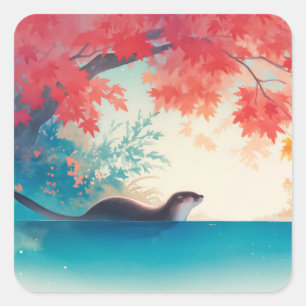 Autocollant Loutre Fantaisiste avec Feuilles d'Aut