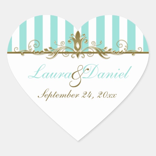 Autocollant Mariage Aqua, Blancs Scrolls Or (Devant)