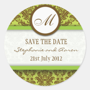 Autocollant Mariage Brown et vert Damask Monogram