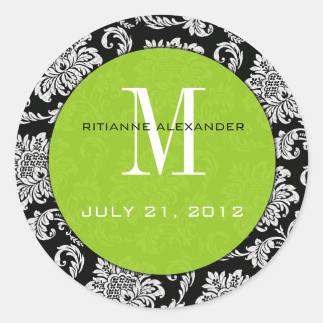 Autocollant Mariage de monogramme vert Damask noir (Devant)