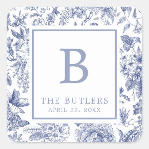 Autocollant Mariage initial Floral bleu