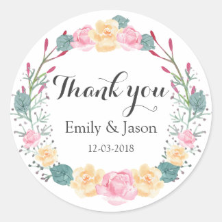 autocollant mariage Merci fleuri à couronne rose