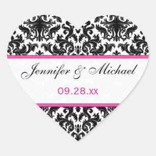 Autocollant Mariage noir blanc rose Damask 1,5"
