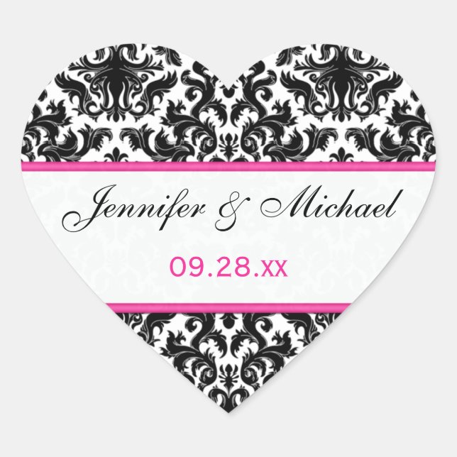 Autocollant Mariage noir blanc rose Damask 1,5" (Devant)
