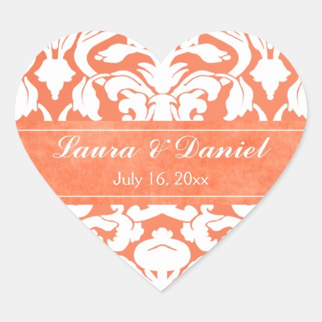 Autocollant Mariage orange et blanc Damask 1,5 po (Devant)