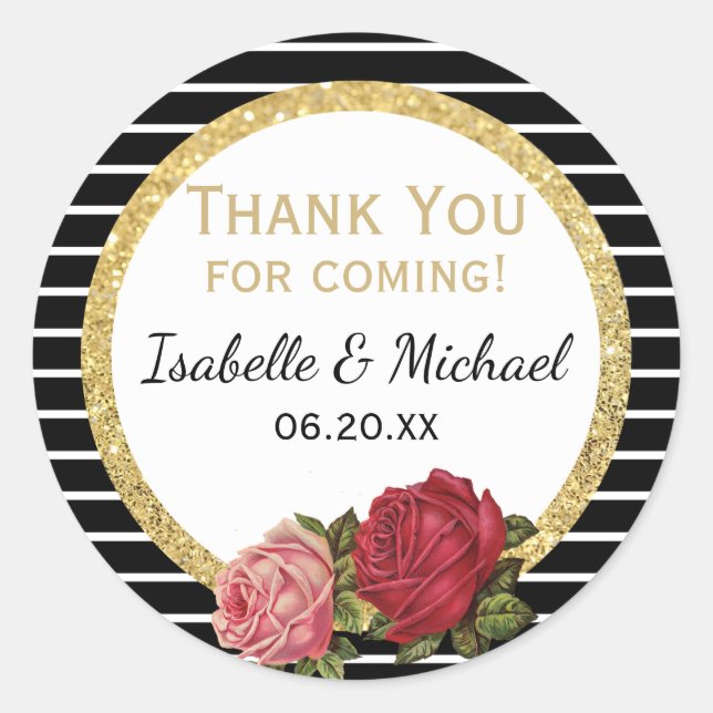 Autocollant Mariage Rose vintage noir blanc Merci (Devant)