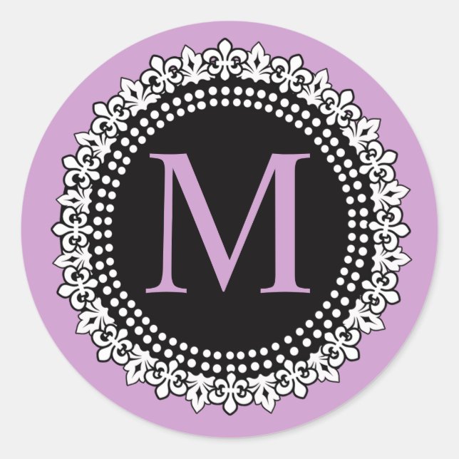Autocollant Mariage violet Monogram M Fleur de lis (Devant)