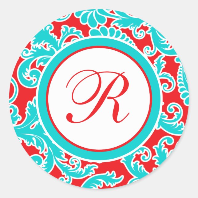 Autocollant Monogramme 1,5 po bleu rond rouge blan (Devant)