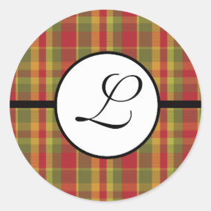 Autocollant Monogramme de Noël Plaid Rouge Vert Ta