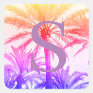Autocollant monogramme initial palmier tropical ré