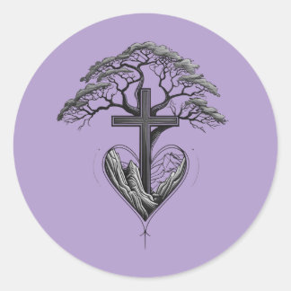 Autocollant Montagne Arbre Coeur Croix Chrétienne
