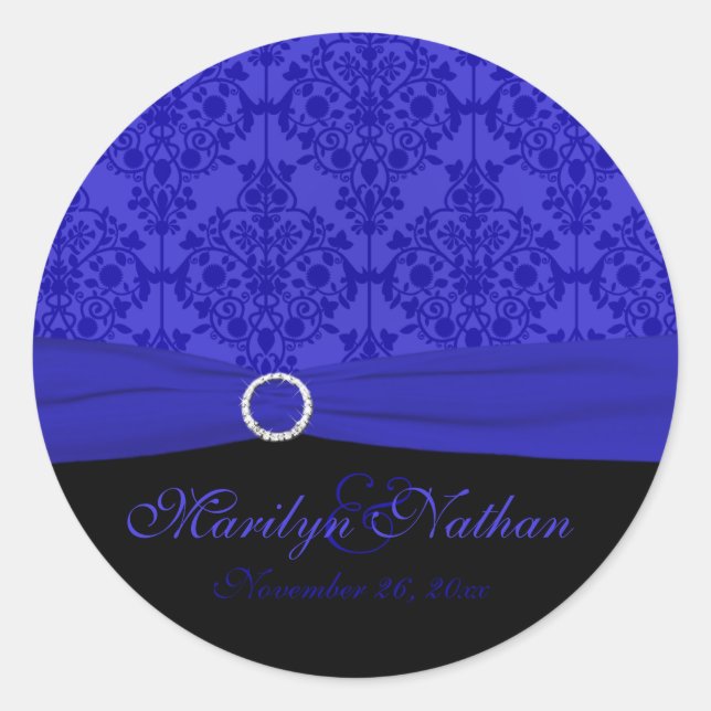 Autocollant noir et bleu cobalt Damask 1,5" rond (Devant)