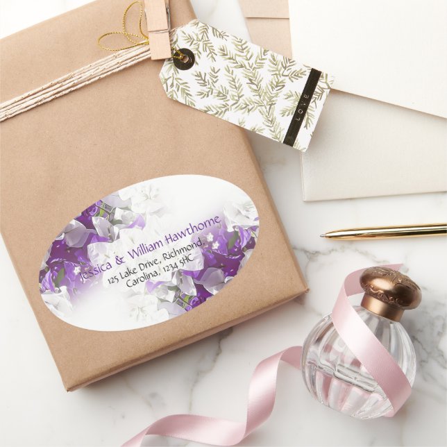 Autocollant ovale blanc floral violet (Cadeaux)