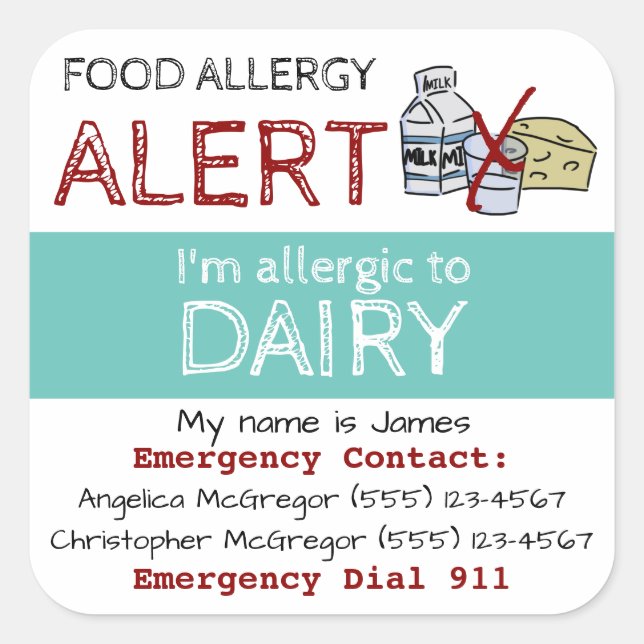 Autocollant pour allergie aux aliments laitiers Tu (Devant)