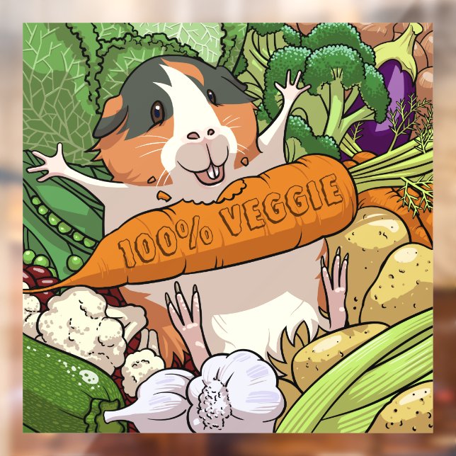 Autocollant Pour Fenêtre 100% Veggie Joyeux Cochon De Guinée Avec Carotte (Feuille 2)