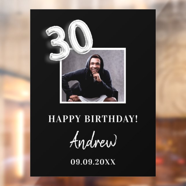 Autocollant Pour Fenêtre 30e anniversaire fête noir photo nom mec (Feuille 2)