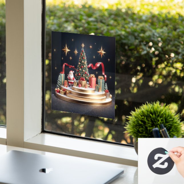 Autocollant Pour Fenêtre 3D Christmas podium with Santa and Christmas tree (Bureau)
