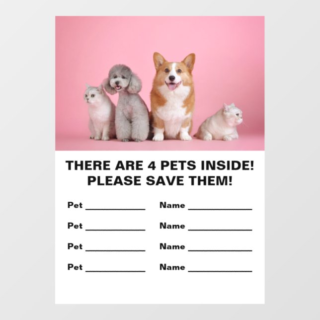 Autocollant Pour Fenêtre 4 Secourt d'urgence pour animaux domestiques (Feuille)