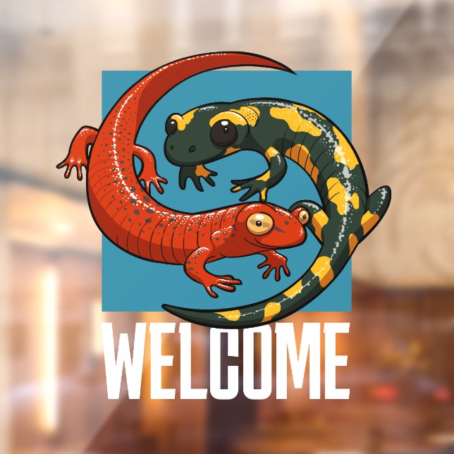 Autocollant Pour Fenêtre Affiche de bienvenue Smiling Salamander Friends Ca (Feuille 2)