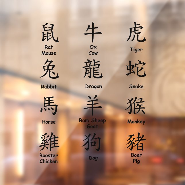 Autocollant Pour Fenêtre Apprendre à lire le chinois avec des animaux Zodia (Feuille 2)