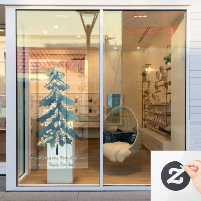 Autocollant Pour Fenêtre Aquarelle dorée verte Arbres de Noël (Vitrine du magasin)