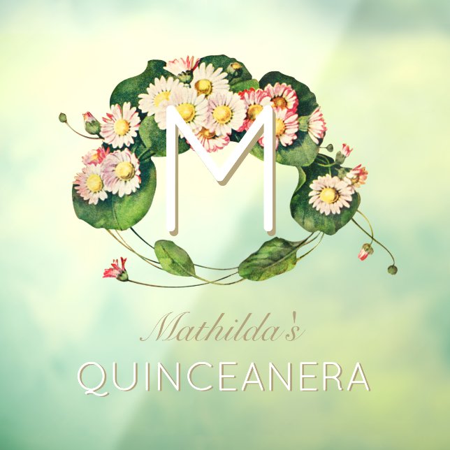 Autocollant Pour Fenêtre Art Nouveau Quinceanera Daisies Monogramme 15 ans (Feuille 3)