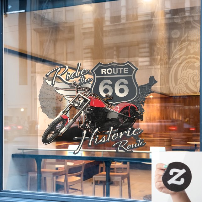 Autocollant Pour Fenêtre Balade à moto sur la Route Historique 66 Commerce  (Fenêtre de café)