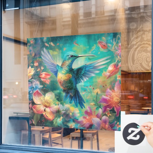 Autocollant Pour Fenêtre Beau colibri entouré de fleurs (Fenêtre de café)