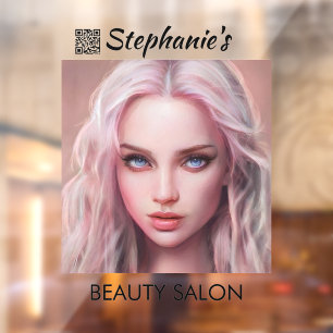 Autocollant Pour Fenêtre Beau Salon De Beauté De Fille De Cheveux Rose Avec