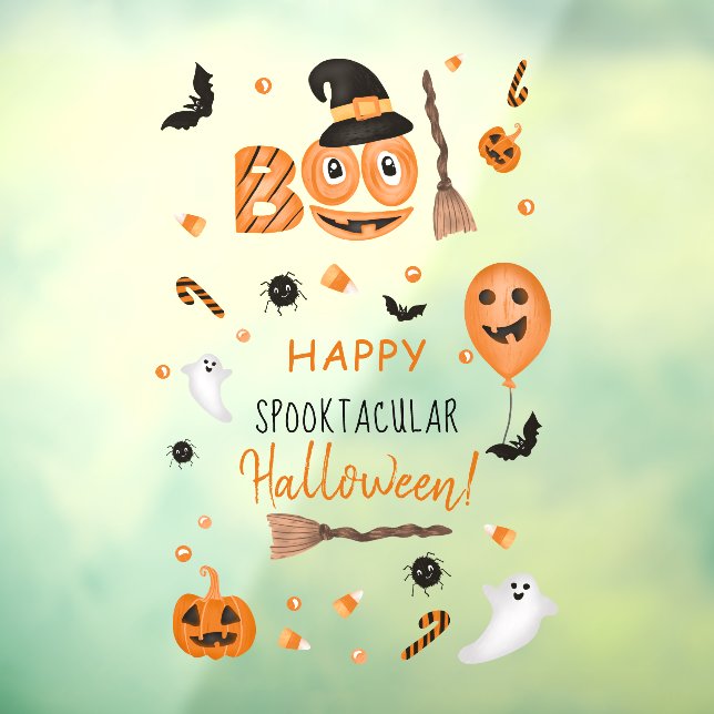 Autocollant Pour Fenêtre Belle illustration citrouille Boo Happy Halloween (Feuille 3)
