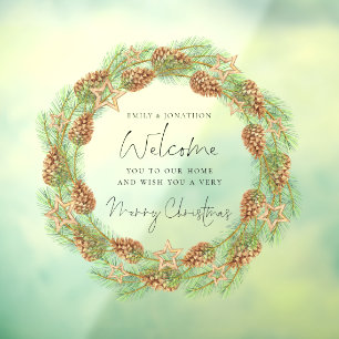 Autocollant Pour Fenêtre Bienvenue à Home Script Merry Christmas Cone Wreat