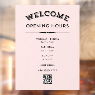 Autocollant Pour Fenêtre Bienvenue Heures d'ouverture avec QR Code noir sur