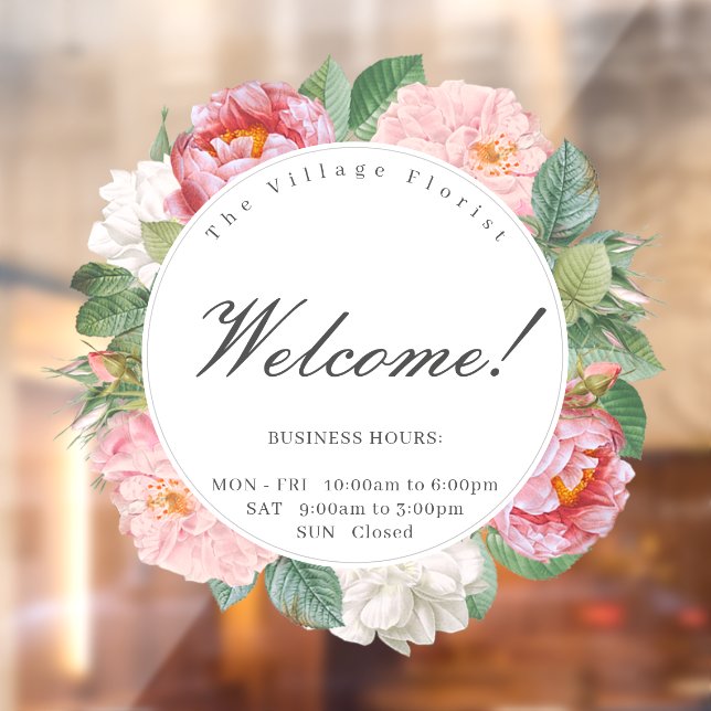 Autocollant Pour Fenêtre Bienvenue Rose Floral Round Business Heures d'ouve (Feuille 2)