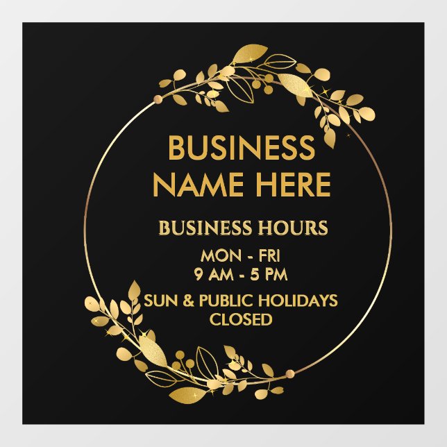 Autocollant Pour Fenêtre Black Gold Wreath Business Store Heures d'ouvertur (Feuille)