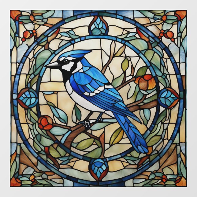 Autocollant Pour Fenêtre Bleu Jay Faux Vitrail Bluejay Bird (Feuille)
