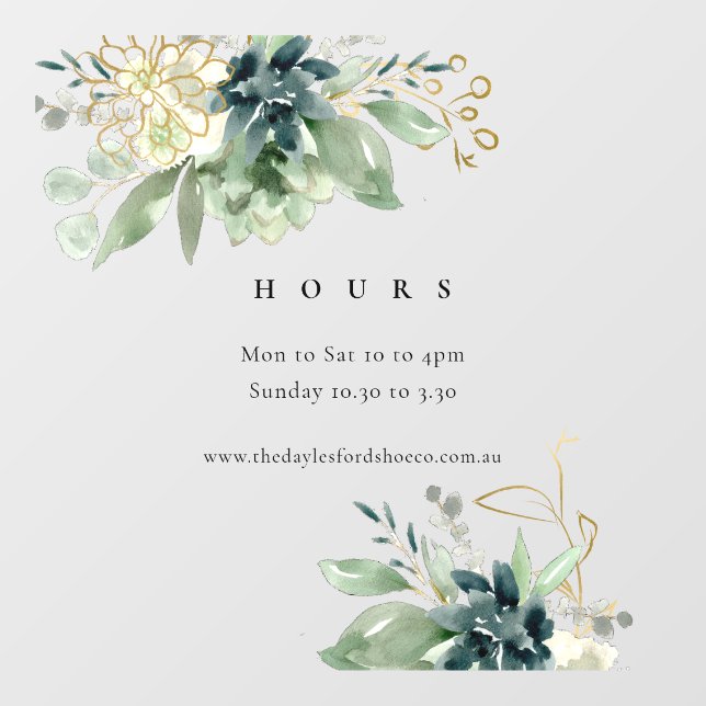 Autocollant Pour Fenêtre Bleu Vert Faune Succulente Heures d'ouverture (Feuille)
