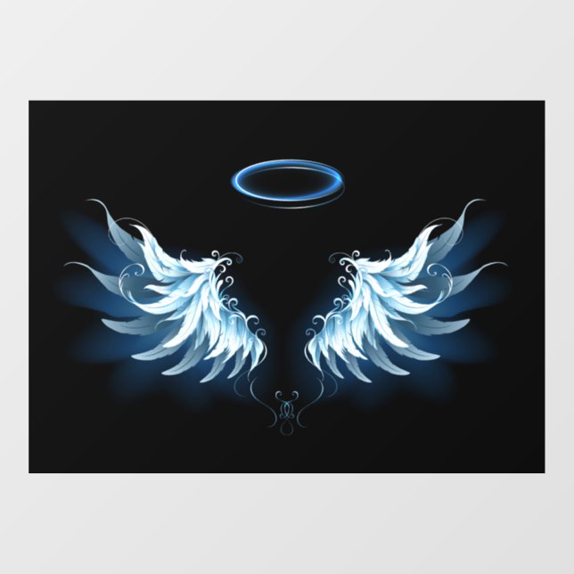 Autocollant Pour Fenêtre Blue Glowing Angel Wings on black background (Feuille)