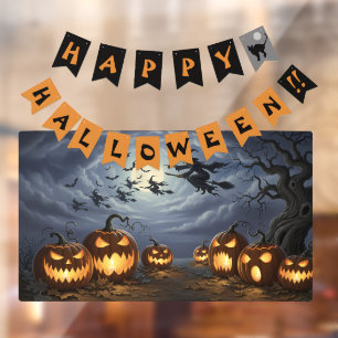 Autocollant Pour Fenêtre Bonne Bannière Halloween, sorcières, citrouilles