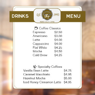 Autocollant Pour Fenêtre Boutique de café professionnel Liste des boissons 