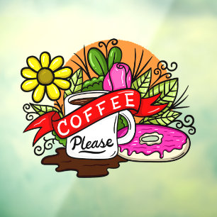 Autocollant Pour Fenêtre Café de tatouage coloré et beignets
