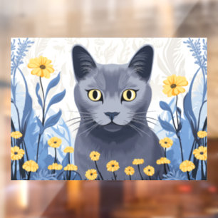 Autocollant Pour Fenêtre Chat Bleu Russe Fleurs Jaunes