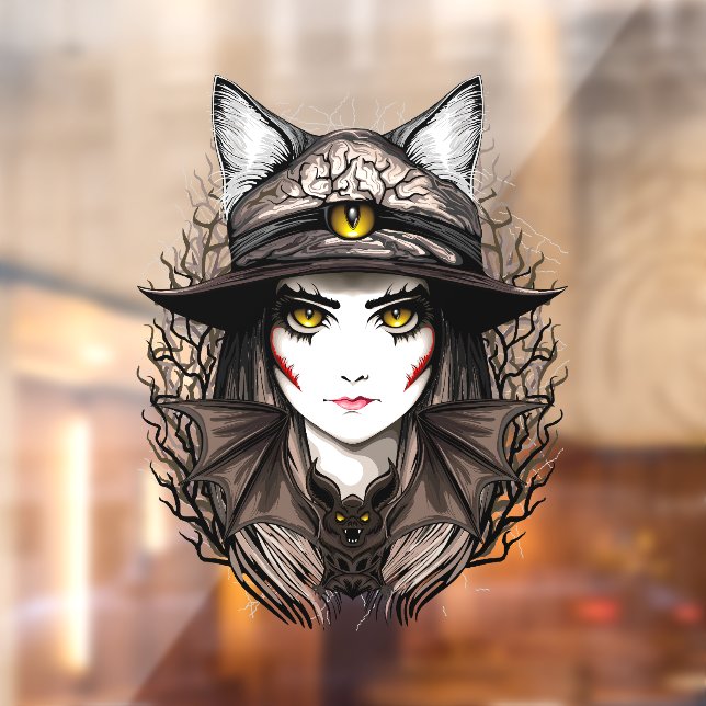 Autocollant Pour Fenêtre Chat de sorcière Halloween Déplaisant Portrait mig (Feuille 2)