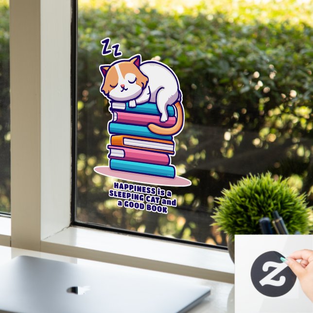 Autocollant Pour Fenêtre Chat sur une pile de livres Cute Personnalisé Litt (Bureau)