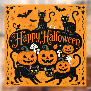 Autocollant Pour Fenêtre Chats noirs Citrouilles et chauves-souris heureux