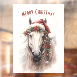 Autocollant Pour Fenêtre Cheval Blanc Santa Chapeau Rouge Poinsettias Noël