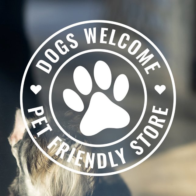 Autocollant Pour Fenêtre Chiens blancs modernes Bienvenue Boutique convivia (Modern, minimalist round window cling for dog-loving shop owners in white with pet paw logo.)