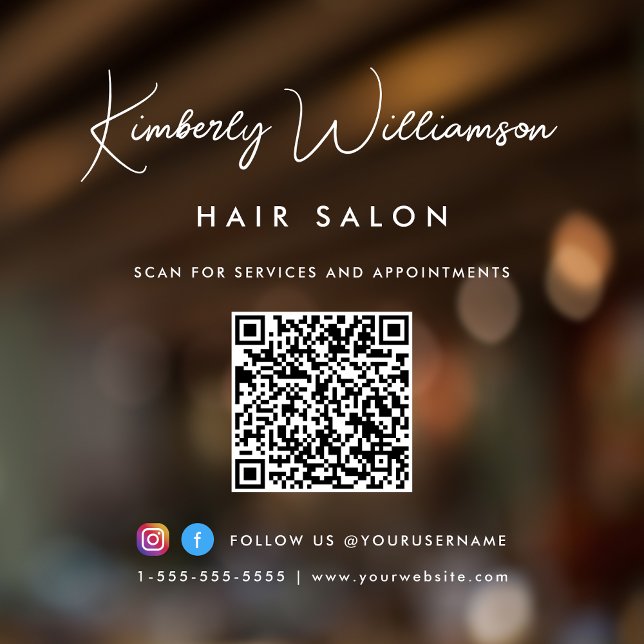 Autocollant Pour Fenêtre Code QR de signature de style chic pour le nom de  (Elevate your business with a signature script logo, QR code and social media window cling sign)