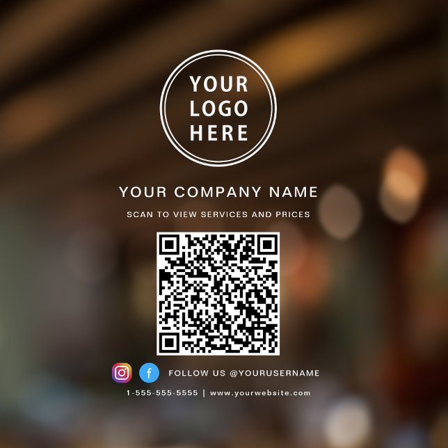 Autocollant Pour Fenêtre Code QR du logo de l'entreprise sur fond blanc pou (Elevate your business with a custom logo, QR code and social media window cling sign)